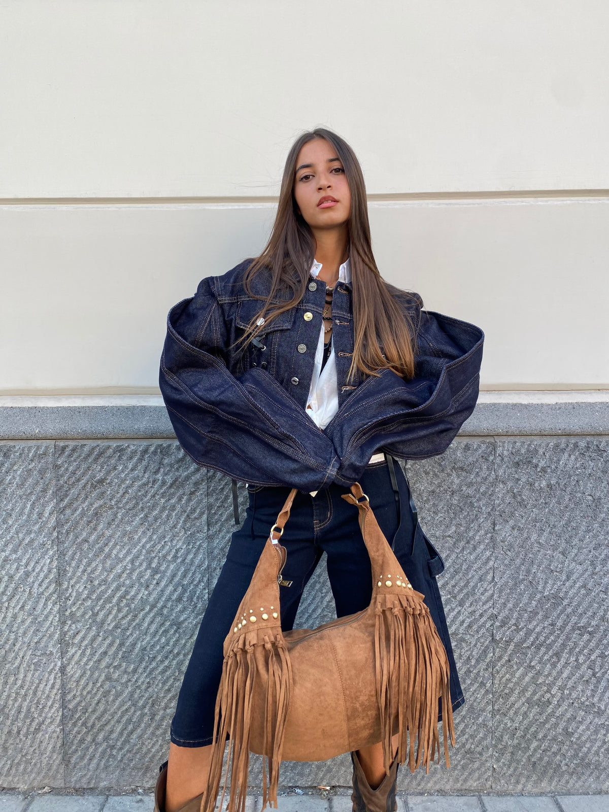 Giubbino di jeans con manica ampia e lacci frontali 22075