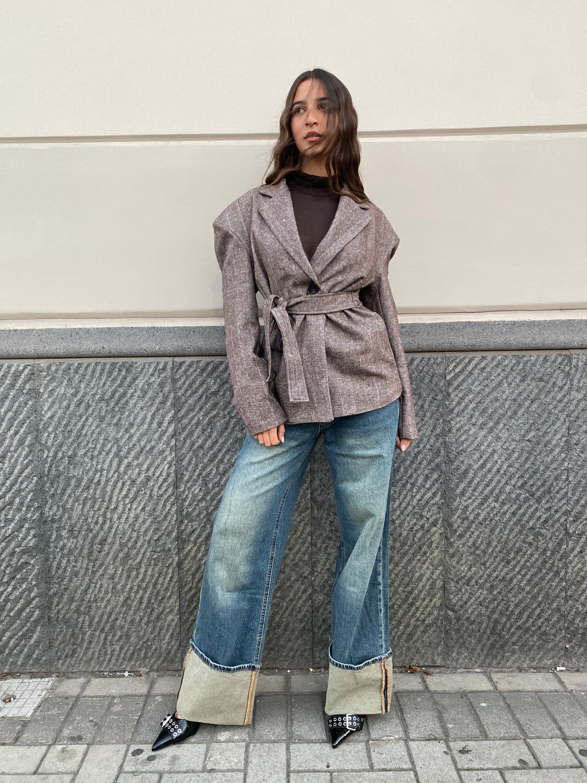 Jeans wide leg con piegone sabbiato 5028